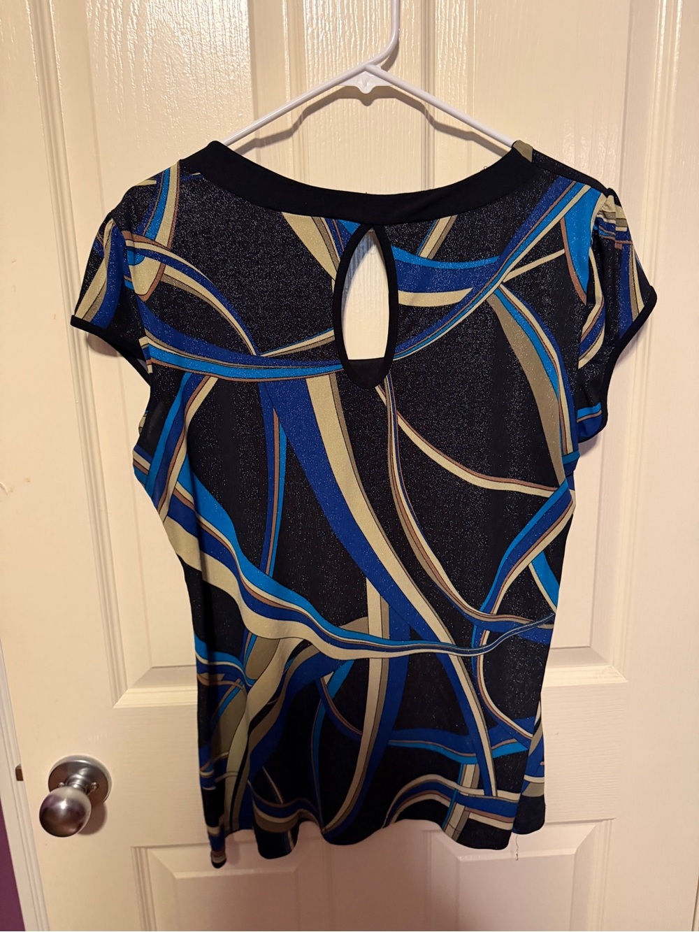 Mango Black Top with Blue and Gold Abstract Stripes
